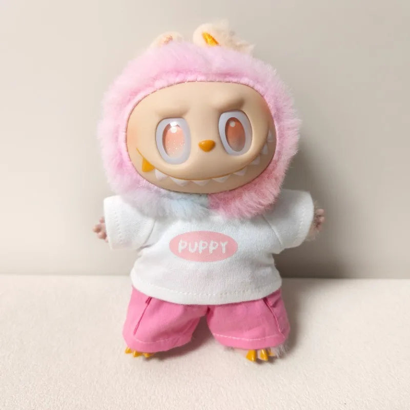 17cm Labubu V1 V2 V3 Plush Doll Labubu Clothes - Labubu Doll Outfit Casual T-Shirt & Shorts Set Trendy лабубу