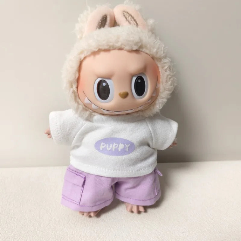 17cm Labubu V1 V2 V3 Plush Doll Labubu Clothes - Labubu Doll Outfit Casual T-Shirt & Shorts Set Trendy лабубу