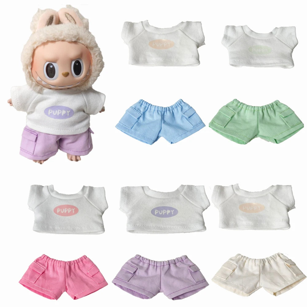 лабубу 17cm Labubu V1 V2 V3 Plush Labubu Clothes - Casual T-Shirt & Shorts Set Trendy  Outfit Kids' Toy Party Gift
