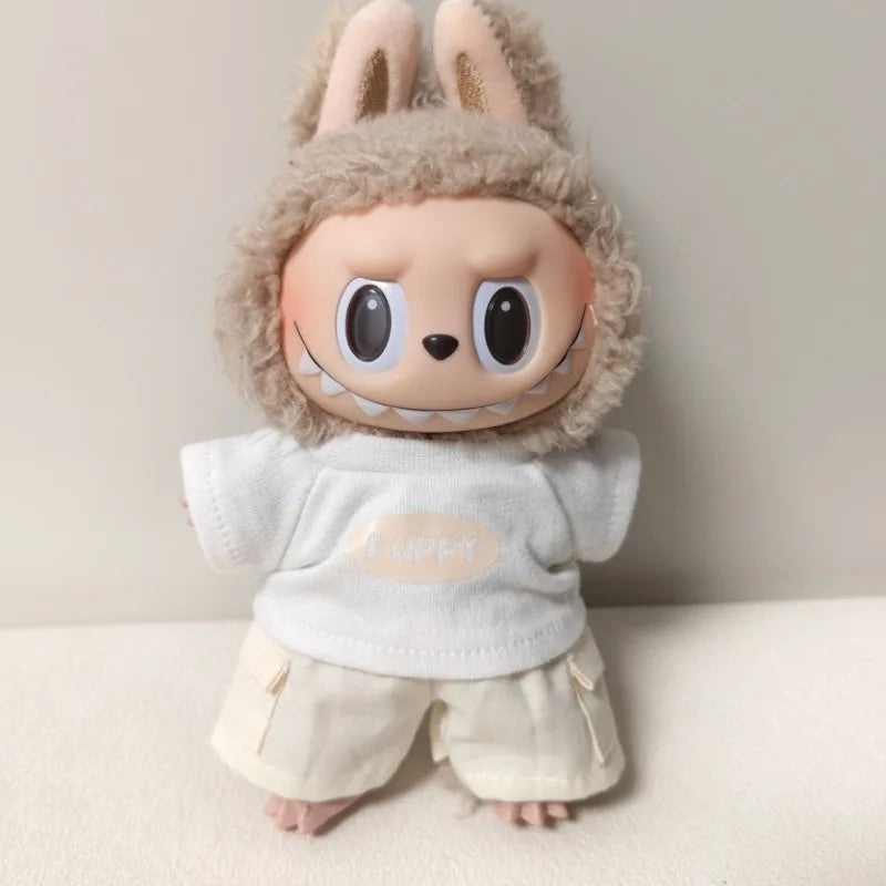 17cm Labubu V1 V2 V3 Plush Doll Labubu Clothes - Labubu Doll Outfit Casual T-Shirt & Shorts Set Trendy лабубу