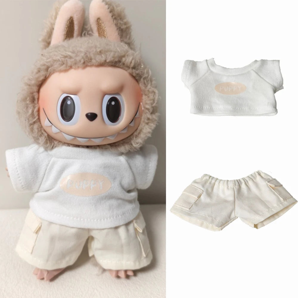 лабубу 17cm Labubu V1 V2 V3 Plush Labubu Clothes - Casual T-Shirt & Shorts Set Trendy  Outfit Kids' Toy Party Gift