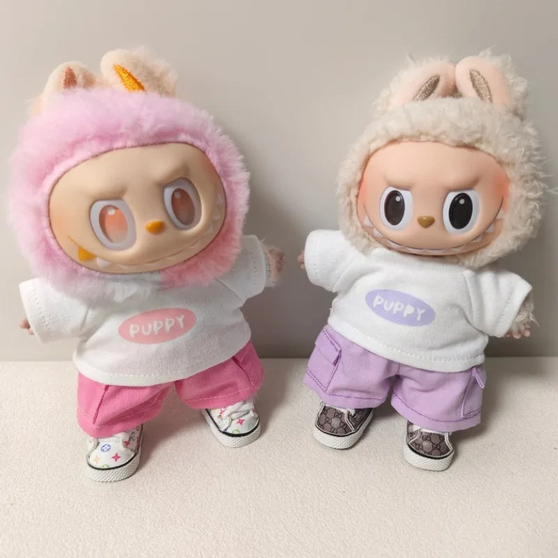 17cm Labubu V1 V2 V3 Plush Doll Labubu Clothes - Labubu Doll Outfit Casual T-Shirt & Shorts Set Trendy лабубу