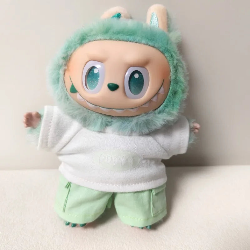 17cm Labubu V1 V2 V3 Plush Doll Labubu Clothes - Labubu Doll Outfit Casual T-Shirt & Shorts Set Trendy лабубу