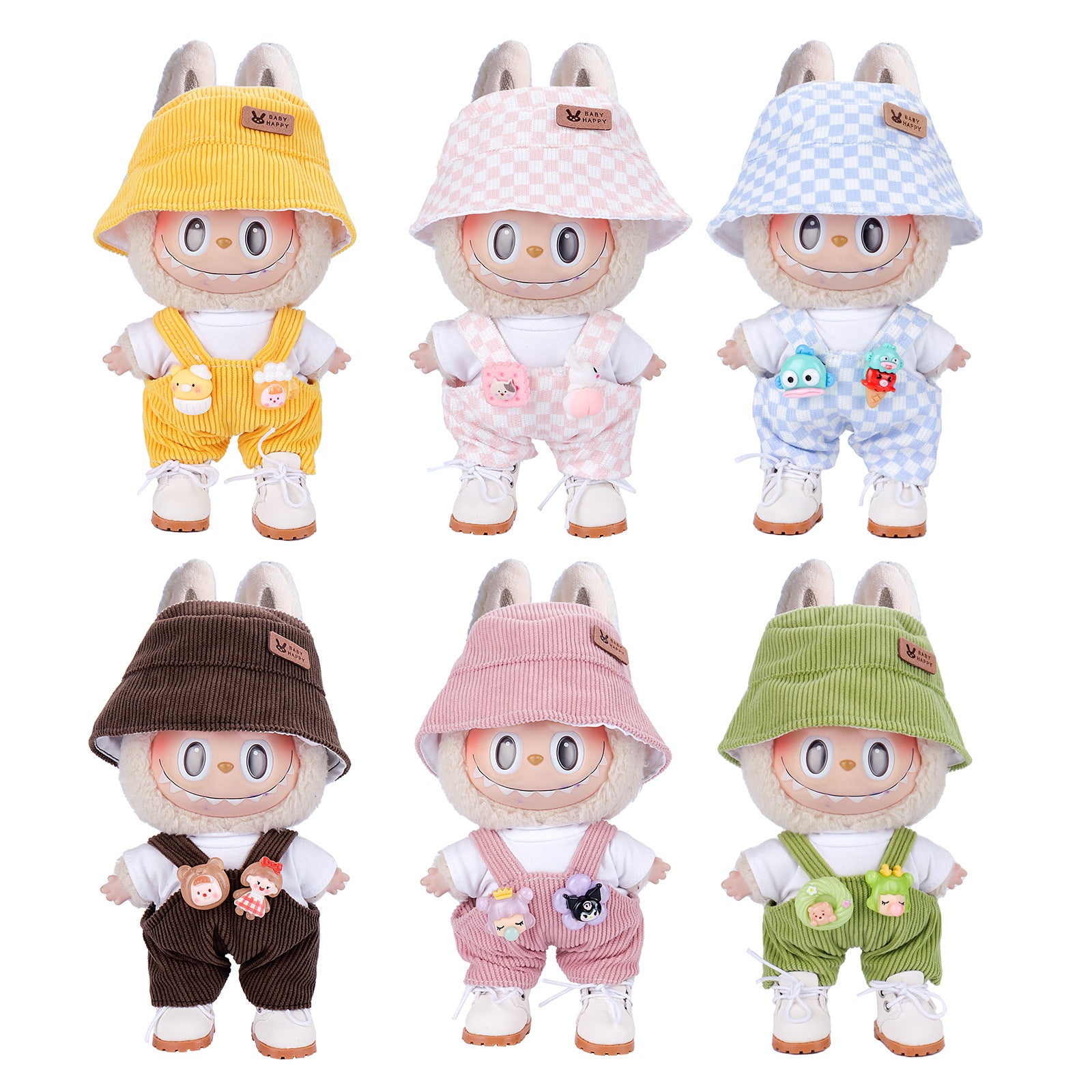 Cute Kawaii Corduroy/Checkered Bucket and Overall Set for Labubu Doll